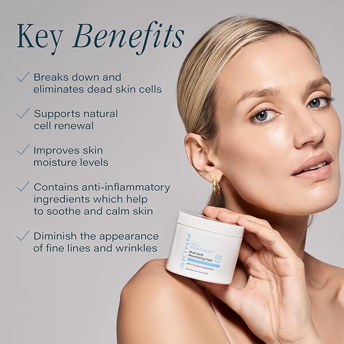 SKINN Multi-Acid Resurfacing Pads, with Glycolic, Lactic & Salicylic Acid, 60 Pads - Witch Hazel Chemical Peel for Face, Neck & Decollete Exfoliates, Brightens & Tones Skin, for Fine Lines & Wrinkles