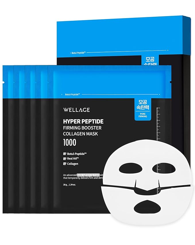WELLAGE Hyper Peptide Firming Booster Collagen Hydrogel Face Sheet Mask -Face Overnight Mask for Pore Tightening & Elasticity Improvement - Korean Skincare, 5 Sheets