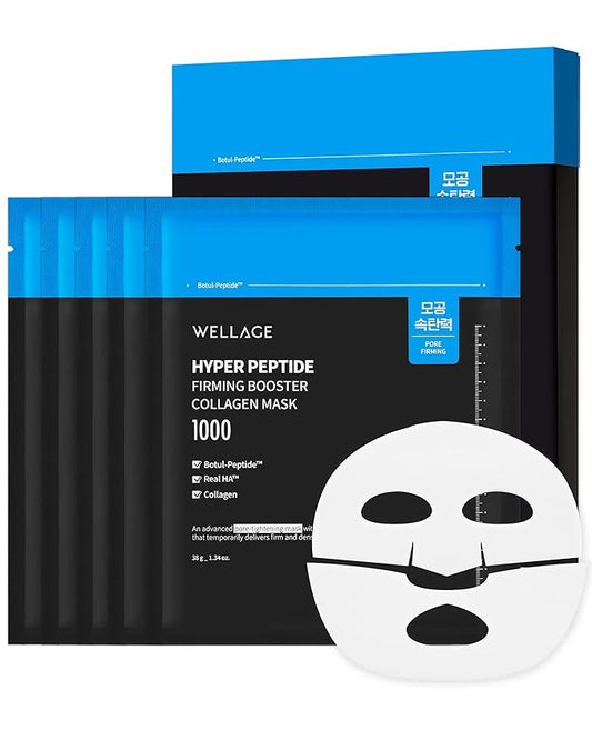 WELLAGE Hyper Peptide Firming Booster Collagen Hydrogel Face Sheet Mask -Face Overnight Mask for Pore Tightening & Elasticity Improvement - Korean Skincare, 5 Sheets