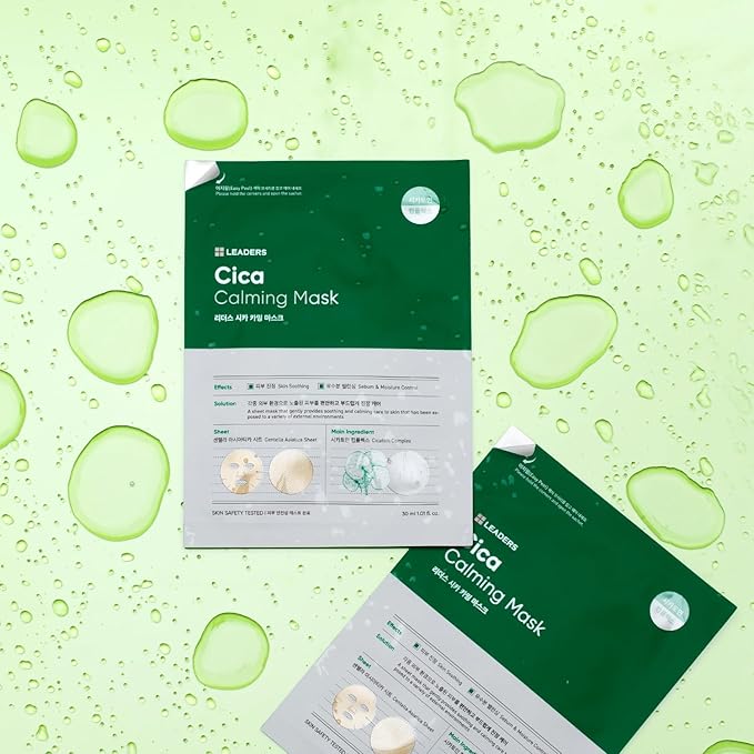 LEADERS Insolution Cica Calming Mask - Soothing Relief for Irritated & Sensitive Skin | Helps Reduces & Relieves Redness | Calming Care, Sebum & Moisture Control, Easy Peel Pouch - 10 Sheets