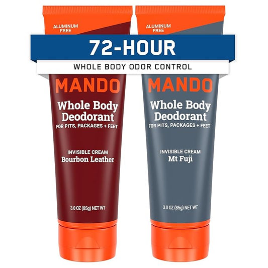 Mando Whole Body Deodorant For Men - Invisible Cream - 72 Hour Odor Control - Aluminum Free, Baking Soda Free, Skin Safe - 3 Ounce Tube (Pack of 2) - Bourbon Leather and Mount Fuji