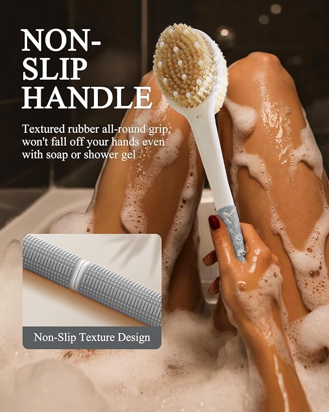 Shower Brush for Massage Dry Brushing: Back Scrubber for Shower with 18.1 in Anti Slip Long Handle - Bath Body Brush for Lymphatic Drainage, Exfoliator Improving Skin Health for Women Men Elderly Grey