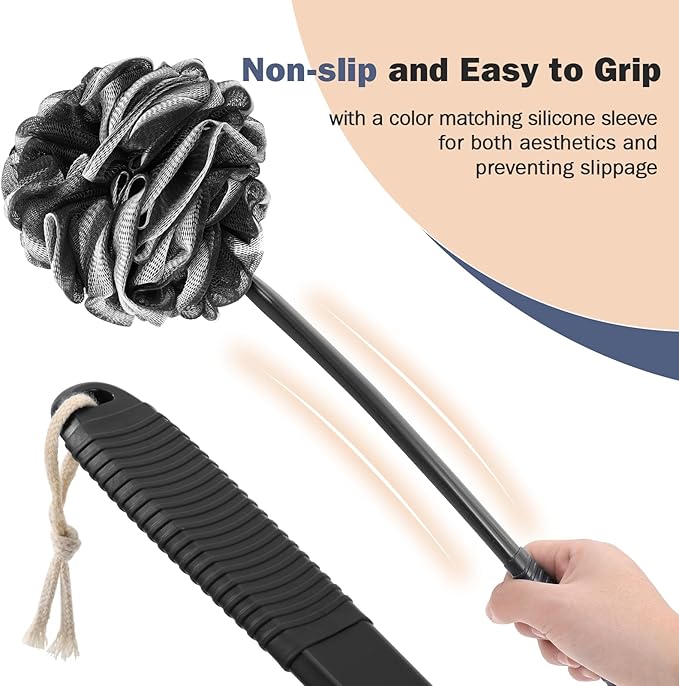 Non-Slip Back Scrubber with 17" Plastic Handle, Hand Shower Loofah & Loofah on a Stick Set, Black with White Edge