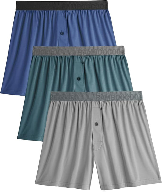 BAMBOO COOL Soft Men's Boxer Shorts 3 Pack,Silk Feeling Underwear for men with Button Fly,Breathable Loose Fit Boxers