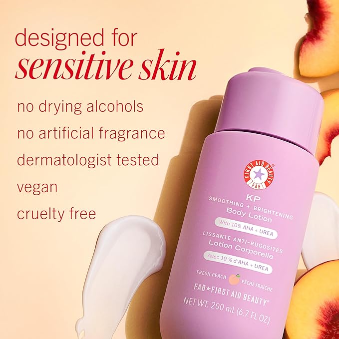 First Aid Beauty - KP Smoothing + Brightening Body Lotion with 10% AHA, Lactic Acid, Urea + Colloidal Oatmeal, Exfoliate & Moisturize, Banish Keratosis Pilaris Bumps, NEW Peach Scent (6. 7 fl oz)