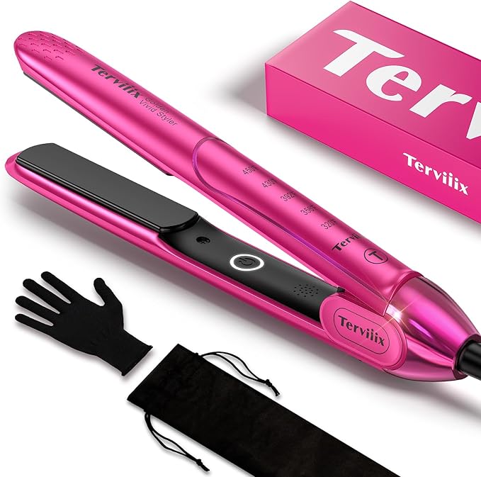 Terviiix Plancha De Cabello Profesional, 1 Inch Ceramic Flat Iron, Non-Snagging Plates, 3X Less Damage, 15s Fast Heating | Hair Straightener and Curler 2 in 1, 5 Adjustable Heat Settings, Hot Pink
