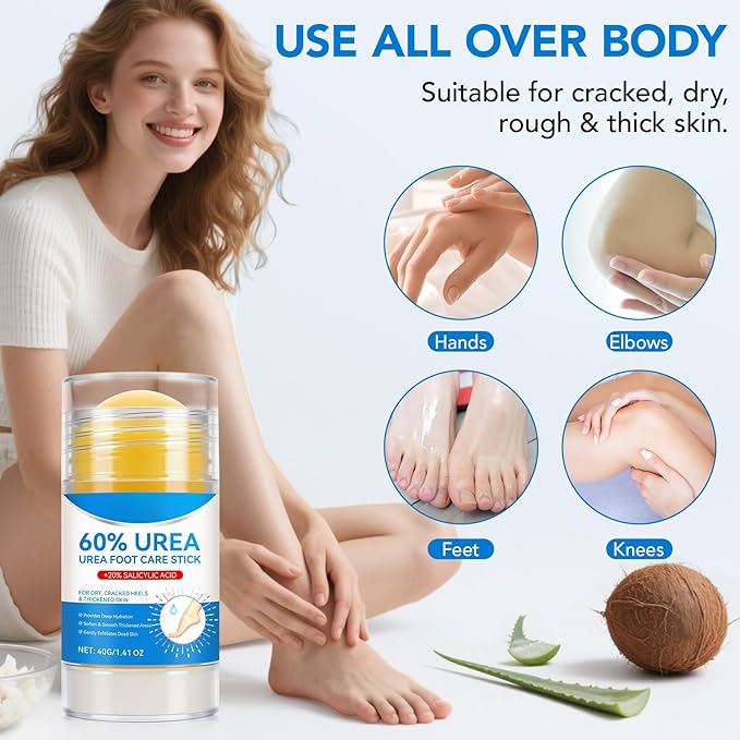 Urea Cream, Intensive Foot Repair Stick 60% Urea with 2% Salicylic Acid Heel Balm Stick, Maximum Strength Callus Remover Foot Care Cream for Cracked Heels, Dry Feet & Rough Skin