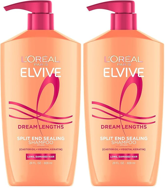 L'Oreal Paris Elvive Dream Lengths Restoring Shampoo With Fine Castor Oil and Vitamins B3 and B5 for Long, Damaged Hair, Visibly Repairs Damage Without Weighdown With System, 28 Fl Ounce (Pack of 2)