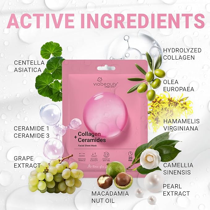 8 Pack of Collagen Face Mask with Ceramides - Rejuvenating Facial Sheet Mask, Reduce Wrinkles & Fine Lines - Face Masks Skincare Moisturizing Collagen Mask for All Skin Types