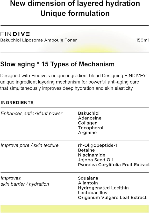 FINDIVE Official Bakuchiol Liposome Ampoule Toner, Bakuchiol, Plan-Based Retinal Alternative, Liposomal Squalane1%, Allantoin, Anti Wrinkle Toner, Korean Skincare 5.07fl.oz