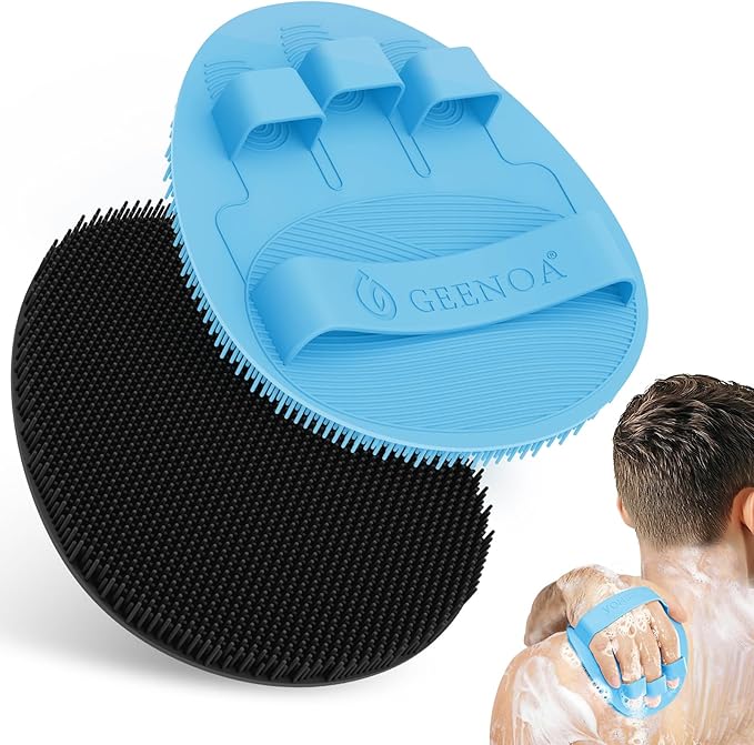 Soft Silicone Bath Gloves 2PCS, 360° Anti-slip & Enlarged Silicone Body Scrubber for Rich Foaming Deep Cleaning, Revolutionary No-grip & Hand-fit Shower Scrubber for All Skin Types.(Black+Blue)