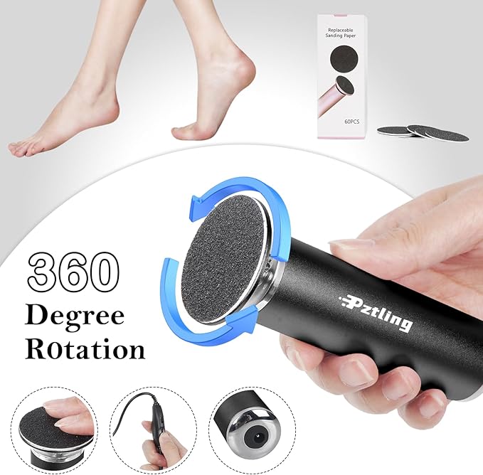 Electric Foot Callus Remover,Powerful Electric Foot File, Professional Adjustable Speed Pedicure Tool with 60 Pcs Replacement Sandpaper Discs for Dead Skin and Calluses-Black