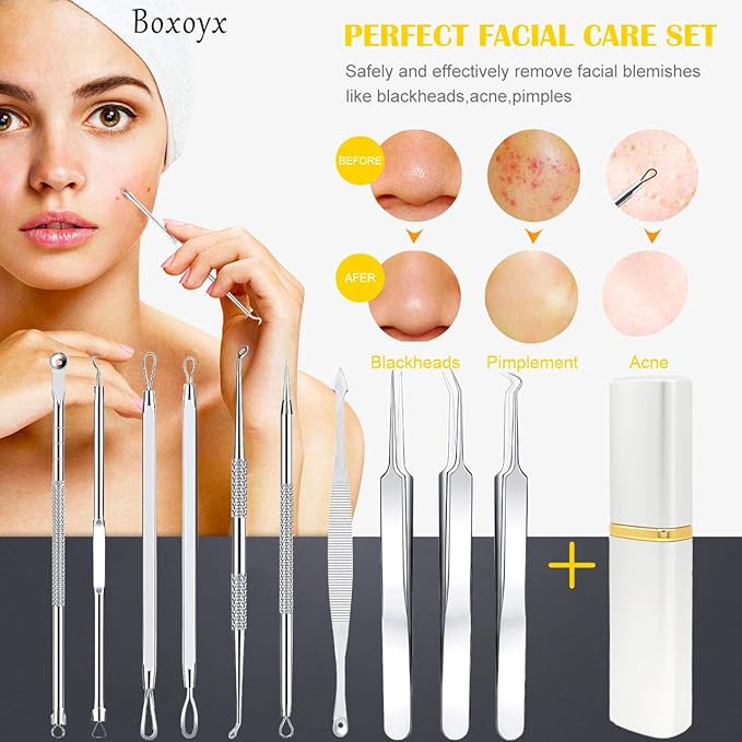 Pimple Popper Tool Kit - Boxoyx 10 Pcs Blackhead Remover Comedone Extractor Kit with Metal Case for Quick and Easy Removal of Pimples, Blackheads, Zit Removing, Forehead,Facial and Nose(All Silver)
