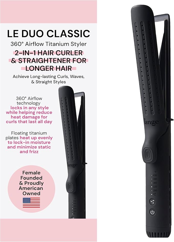 L'ANGE HAIR Le Duo Grande 360° Airflow Styler | 2-in-1 Curling Wand & Titanium Flat Iron Professional Hair Straightener and Curler with Cooling Air Vents to Lock in Style | Adjustable Temp (Black)