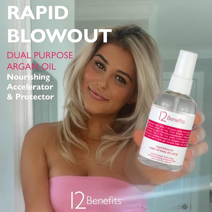 12 Benefits RAPID BLOWOUT ARGAN OIL SPRAY - Cut Blow Dry Time by 40% - Heat Protectant, Nourishes, Smooths Frizz, Adds Shine & Softens Damaged Hair, 4 Fl Oz