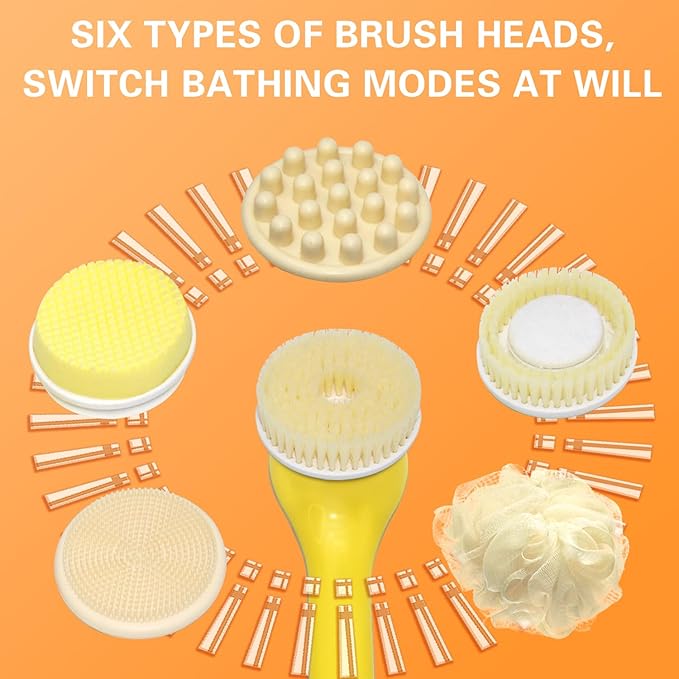 Generic Electric Body Brush Set for Showering,Exfoliating Bath Brush Long Handle for Shower Lotion Applicator for Back Silicone Body Scrubber with 6 Shower Brush Heads for Women Men Gifts (Yellow)
