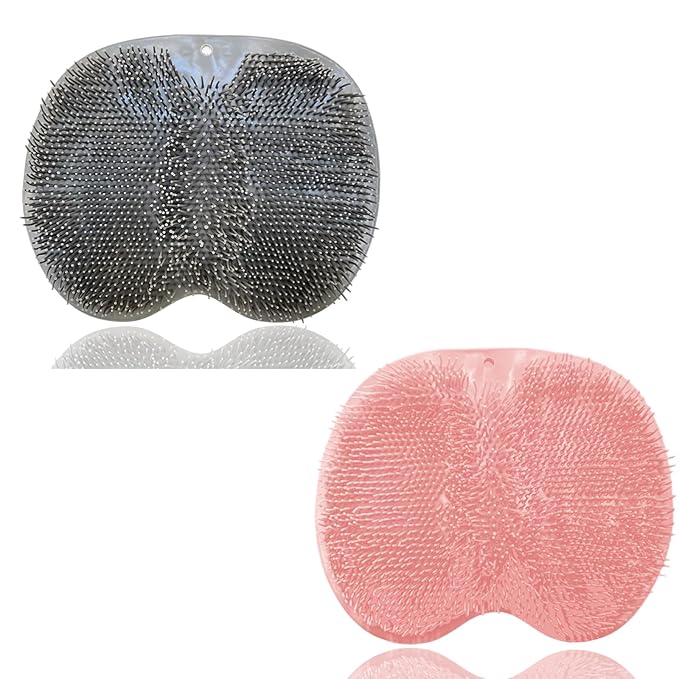 Shower Foot and Back Scrubber Mat,Wall Mounted Shower Foot Scrubber with Suction Cups,Exfoliating Silicone Massage Foot Cleaner for Shower(Grey&Pink)