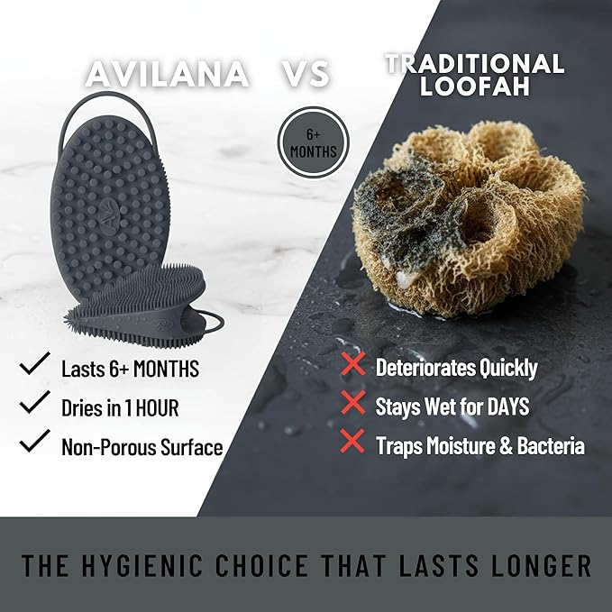 Silver Infused Body Face Scrubber Set - 2 Pack Premium Shower Brush Kit - Avilana Advanced Material Bath Loofah Alternative Complete Skincare System - Luxury Gift Set Women Men