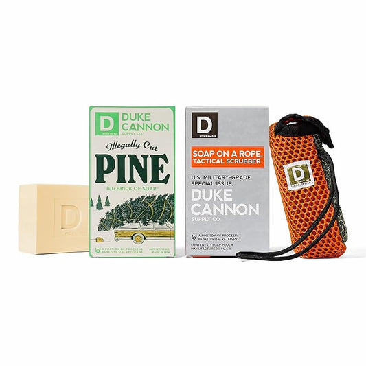 Duke Cannon Supply Co. Holiday Edition Illegally Cut Pine Soap & Tactical Scrubber | Fresh Cut Pine Scent | U.S. Military-Grade Soap Pouch with Coarse and Soft Mesh | Durable Paracord