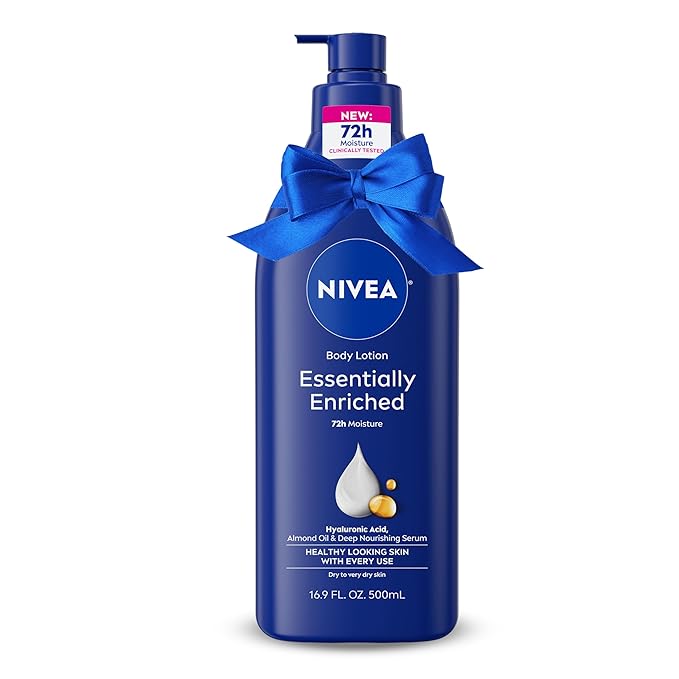 NIVEA Essentially Enriched Body Lotion for Very Dry Skin with Hyaluronic Acid, Almond Oil and Deep Nourishing Serum, 72-Hour Body Moisturizer, Holiday Gifts for Self Care, 16.9 Fl Oz Pump Bottle