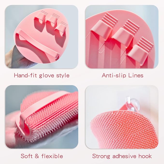Manmihealth Silicone Back Scrubber (Thin Bristles) & Bath Glove & Face Brush Set(3PCS), Exfoliating Body Scrubber, Shower Brush, Face Scrubber Combination, with a Hook (Random Color Pink or Black)