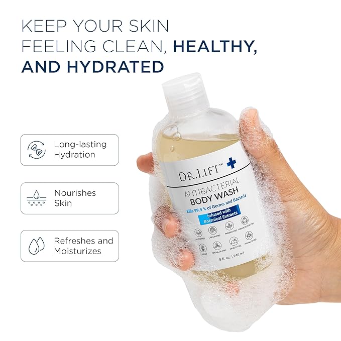 Antibacterial Body Wash, Refreshing Scent, Hydrating Shower or Bath Cleanser With Citric Acid, Spirulina, and Lemon, Clean Moisturizing Formula, Vegan, Paraben and Phthalate Free, 8 Fl Oz