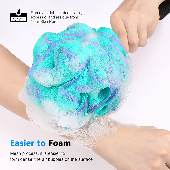 Loofah on a Stick PE Soft Mesh Luffa with Non-Slip Wooden Handle Made of Soft and Sturdy Rubber Material Back Scrubber for Shower for Women and Men with String for Easy Hanging(Green)