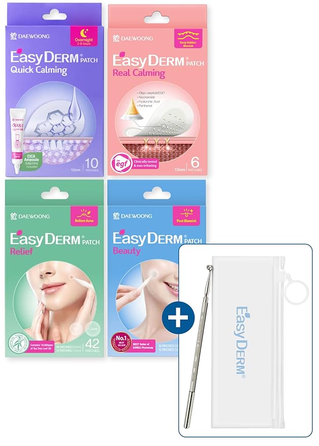 EasyDerm Multi-Step Pimple Patch Set – 4-Type Korean Pimple Patches + Free 2-in-1 Dual-Tip Extractor for Complete Skincare Stocking Stuffer Holiday Gift