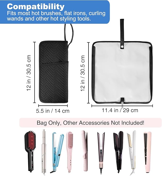 SITHON Hot Iron Holder & Mat, Heat Resistant Hair Tools Travel Bag Portable Hot Tools Organizer Cover Pouch for Curling Irons, Flat Irons, Hair Straightener and Styling Tools (Bag Only) (Black)