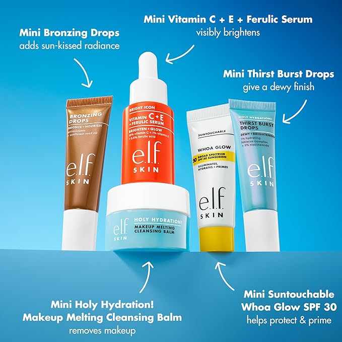 e.l.f. SKIN Best & Obsessed Skincare Kit, Travel-Size Makeup Remover, Sunscreen & Brightening Serums For Glowy Skin, Vegan & Cruelty-Free