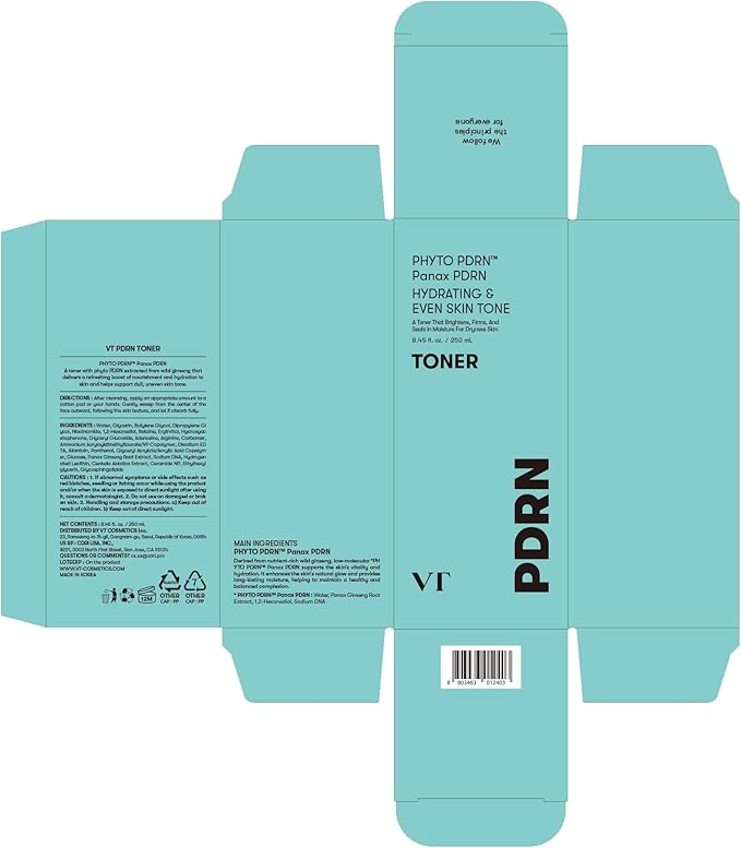 VT COSMETICS PDRN Toner, Hydrating Facial Toner with 50,000ppm Vegan PDRN, Korean Wild Ginseng, Niacinamide & Panthenol, Lightweight, Fragrance-Free, Skin Soothing, Korean Skincare (8.45 fl. oz.)