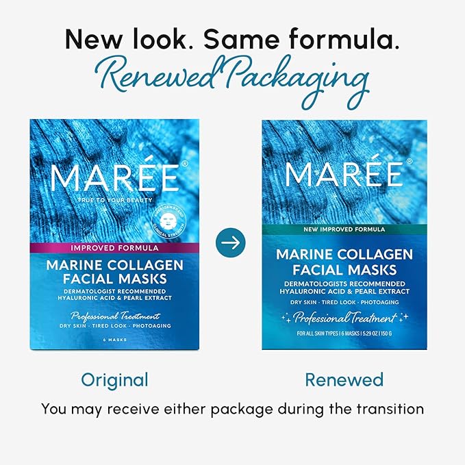 MAREE Collagen Facial Mask with Hyaluronic Acid — Sheet Face Mask Skincare — Centella Asiatica, Green & Red Algae Extract — Hydrating Facemask For Women Skin Care — Mascarillas Para La Cara — 12 Count