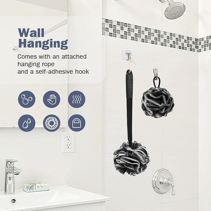 Non-Slip Back Scrubber with 17" Plastic Handle, Hand Shower Loofah & Loofah on a Stick Set, Black with White Edge