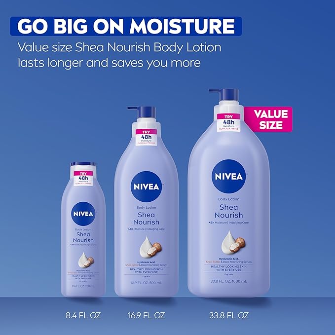NIVEA Shea Nourish Body Lotion for Dry Skin with Hyaluronic Acid, Shea Butter and Deep Nourishing Serum, 48-Hour Body Moisturizer, 33.8 Fl Oz Pump Bottle