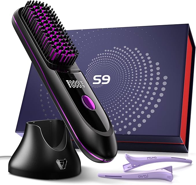 VELORlA Cordless Hair Straightener Comb with Charging Dock & LED Display - Portable 2-in-1 Travel Straightener Brush with 200M lons, 3 Temps 320-392'F, Anti-Frizz Hair Styler, Gift for Women (Black)