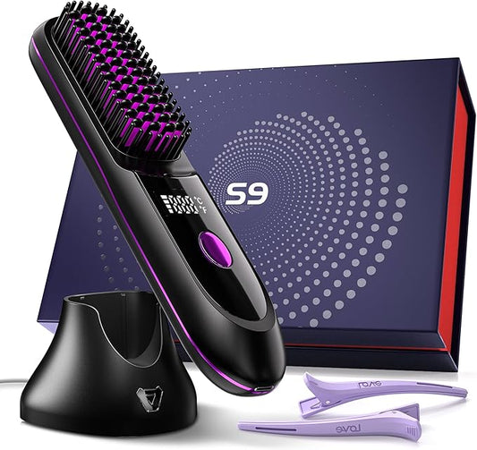 VELORlA Cordless Hair Straightener Comb with Charging Dock & LED Display - Portable 2-in-1 Travel Straightener Brush with 200M lons, 3 Temps 320-392'F, Anti-Frizz Hair Styler, Gift for Women (Black)