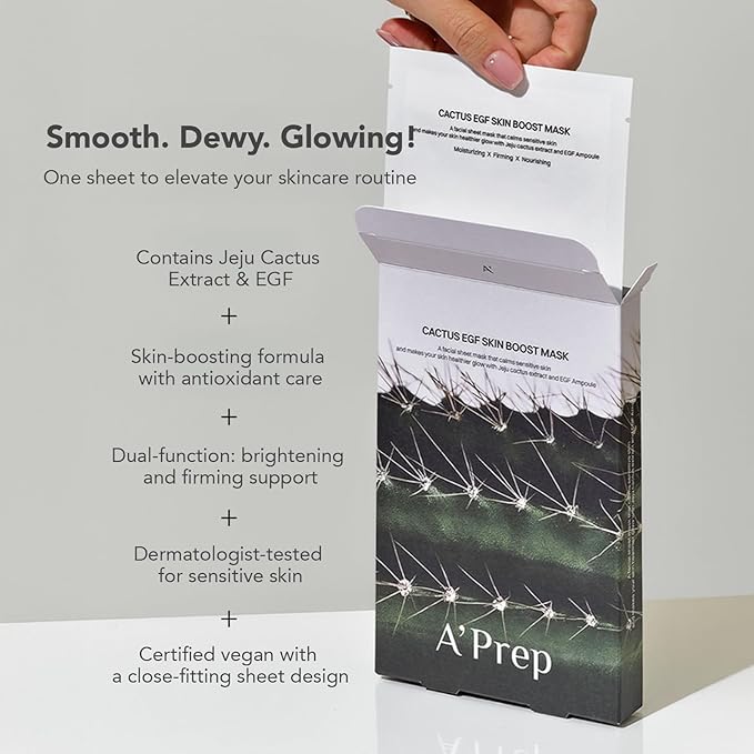A'Prep Cactus EGF Skin Boost Mask (5 Sheets) – Hydrating & Nourishing Sheet Mask with Jeju Cactus Extract & EGF | Vegan-Certified for Sensitive Skin | Korean Skincare