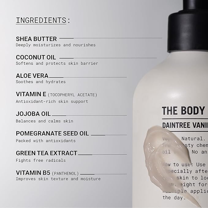 Daintree Vanilla Body Lotion | Deep Hydration with Organic Shea, Aloe & Coconut | Fast-Absorbing, Non-Greasy, Vegan Moisturizer for All Skin Types.