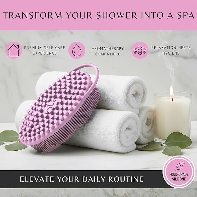 Silicone Body Scrubber for Shower - Gentle Exfoliating Back Scrubber with Soft Bristles - Avilana Premium Dual Sided Bath Brush Massage - Loofah Alternative for Sensitive Skin - Gift Women Men