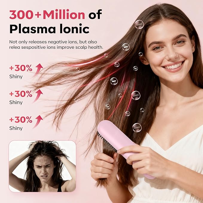 Go Brush Pro 2025 Hair Straightener Brush 300 Million Negative Ionic Portable Hair Straightener Comb for Women with 4 Temps Fast Heating MCH Ceramic Coating Smooth Frizz Hair Light Pink