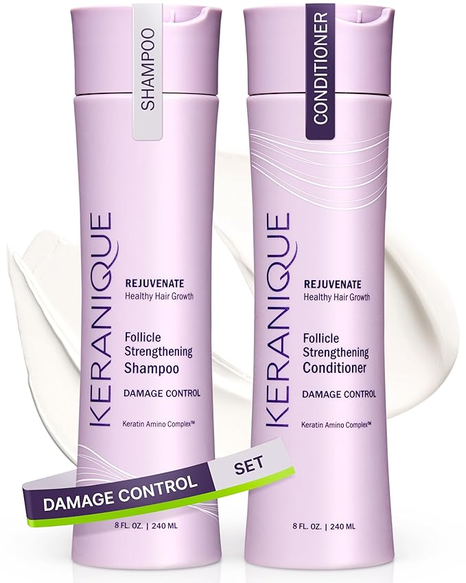 Keranique Shampoo and Conditioner for Damaged Hair - Anti-Breakage, Damage Control Set for Thinning Hair - Intense Repair, Deep Conditioning, Anti-Hairfall Routine w/Keratin - Great for Colored Hair