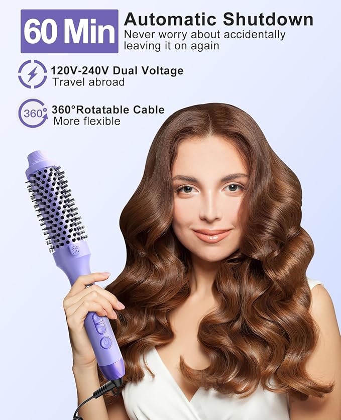 Nimmu Thermal Brush for Blowout Look, 1.5 inch Heated Round Brush, Curling Iron with 10 Temperature Control, Hot Styler Dual Voltage for Travel, Purple