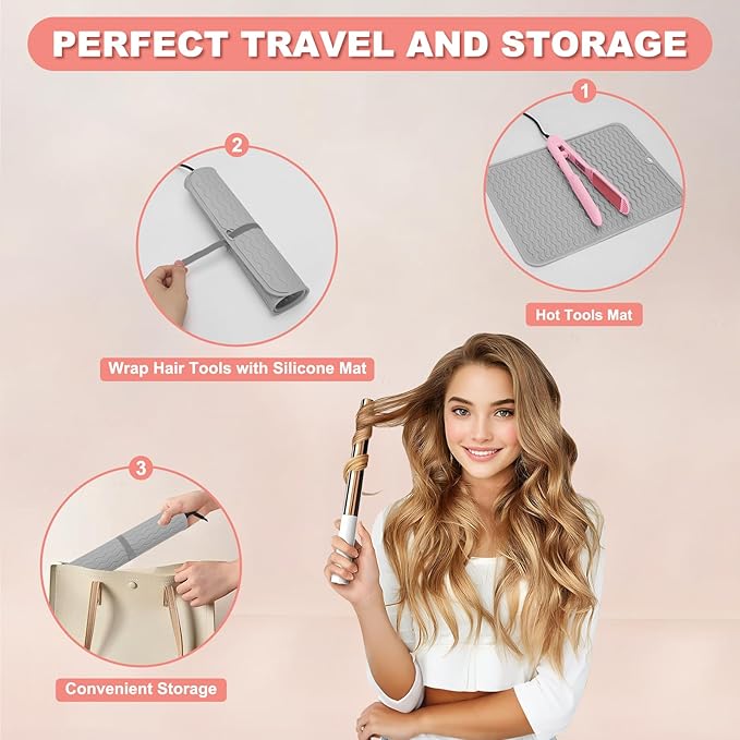 Oversize Silicone Heat Resistant Mat for Curling Irons, Hair Straighteners, Flat Irons and Hot Hair Styling Tools, Portable Wrap Pad Cover for Vanity, Travel, Salon(14.2" x 11.0")