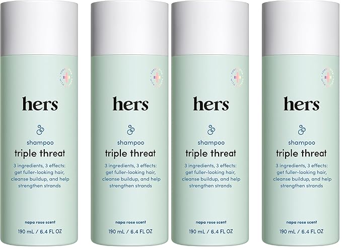 hers Triple Threat Shampoo 4 Pack - Thickening Shampoo for Women with Biotin, Saw Palmetto, Pumpkin Seed Oil - Reduces Shedding - Light Rose Scent - 4 Pack, 6.4oz