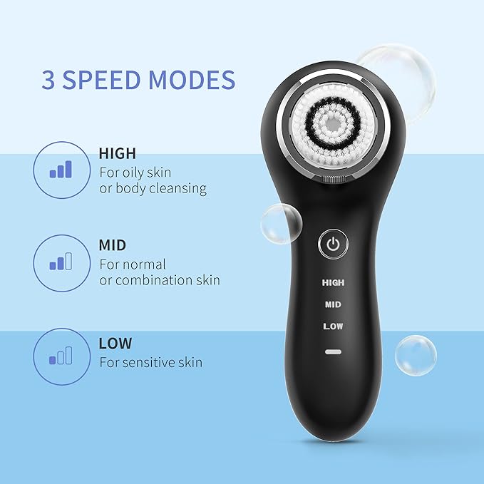 COSBEAUTY Face Scrubber Exfoliator Sonic Facial Cleansing Brush with 5 Interchangeable Brush Head,Face Brush Cleanser for Men IPX7 Waterproof,Wireless Rechargeable for Massaging,Deep Cleansing(Black)