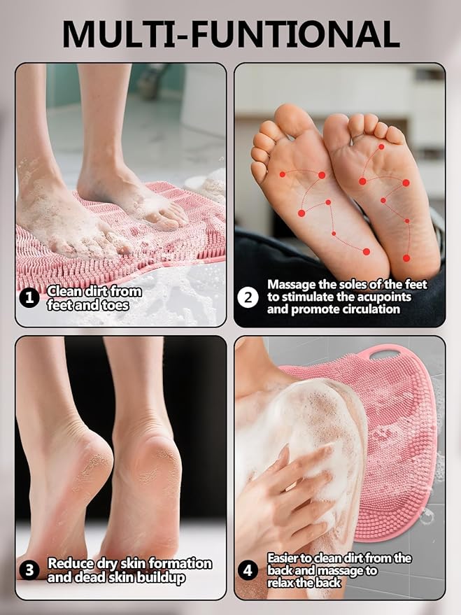 Kalolary Silicone Shower Foot Scrubber Mat, Large Foot Scrubber in Shower with Non Slip Suction Cups Foot Cleaner Brush to Clean Exfoliate and Massage Feet Without Bending Over Easy to Clean (Pink)