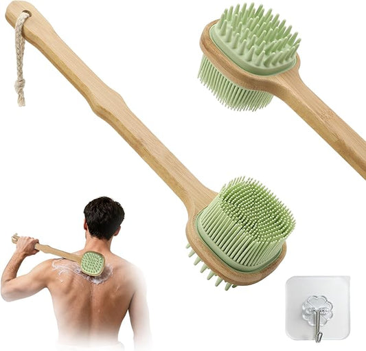 Silicone Back Scrubber for Shower, Silicone Bath Body Brush Loofah with Long Handle, Dual-Sided Shower Brush for Body, Green Exfoliating Body Scrubber for Men Women, Back Washer for Men with Hook