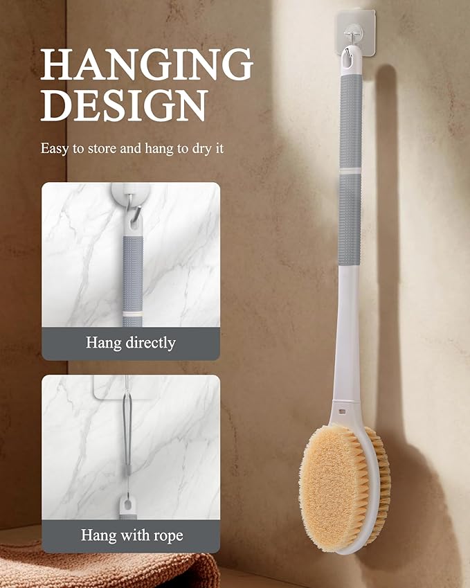 Shower Brush for Massage Dry Brushing: Back Scrubber for Shower with 18.1 in Anti Slip Long Handle - Bath Body Brush for Lymphatic Drainage, Exfoliator Improving Skin Health for Women Men Elderly Grey