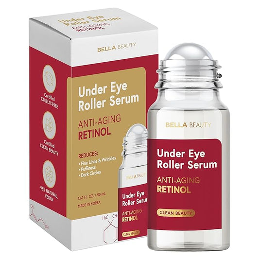 Bella Beauty Eye Roller Serum with Retinol & Vitamin B5 - Reduces Dark Circles, Puffiness & Fine Lines - Anti-Aging, Dermatologist Tested, Korean Skin Care for All Skin Types - 1.69 Fl. Oz