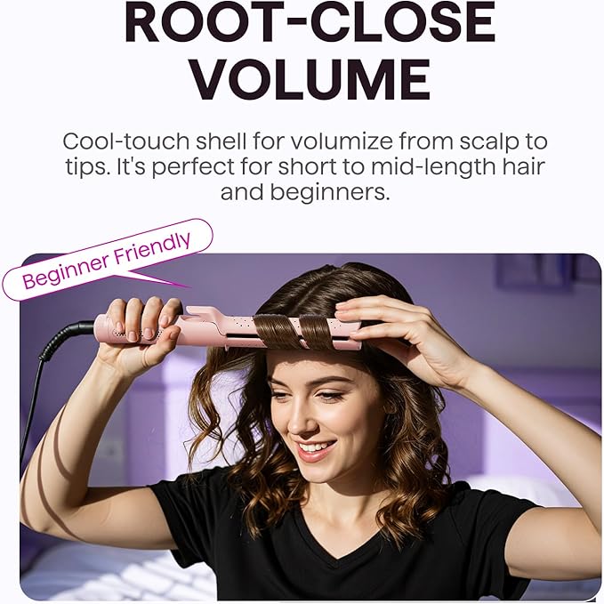 Wavytalk Airflow Styler Curling Iron, Cool Curl, 360° Cool Air Lock in Style for Lasting Curls, Reduces Damage, 2 in 1 Hair Straightener and Curler, 1.25 Inch Anti-Scald for Short Long Hair, Pink